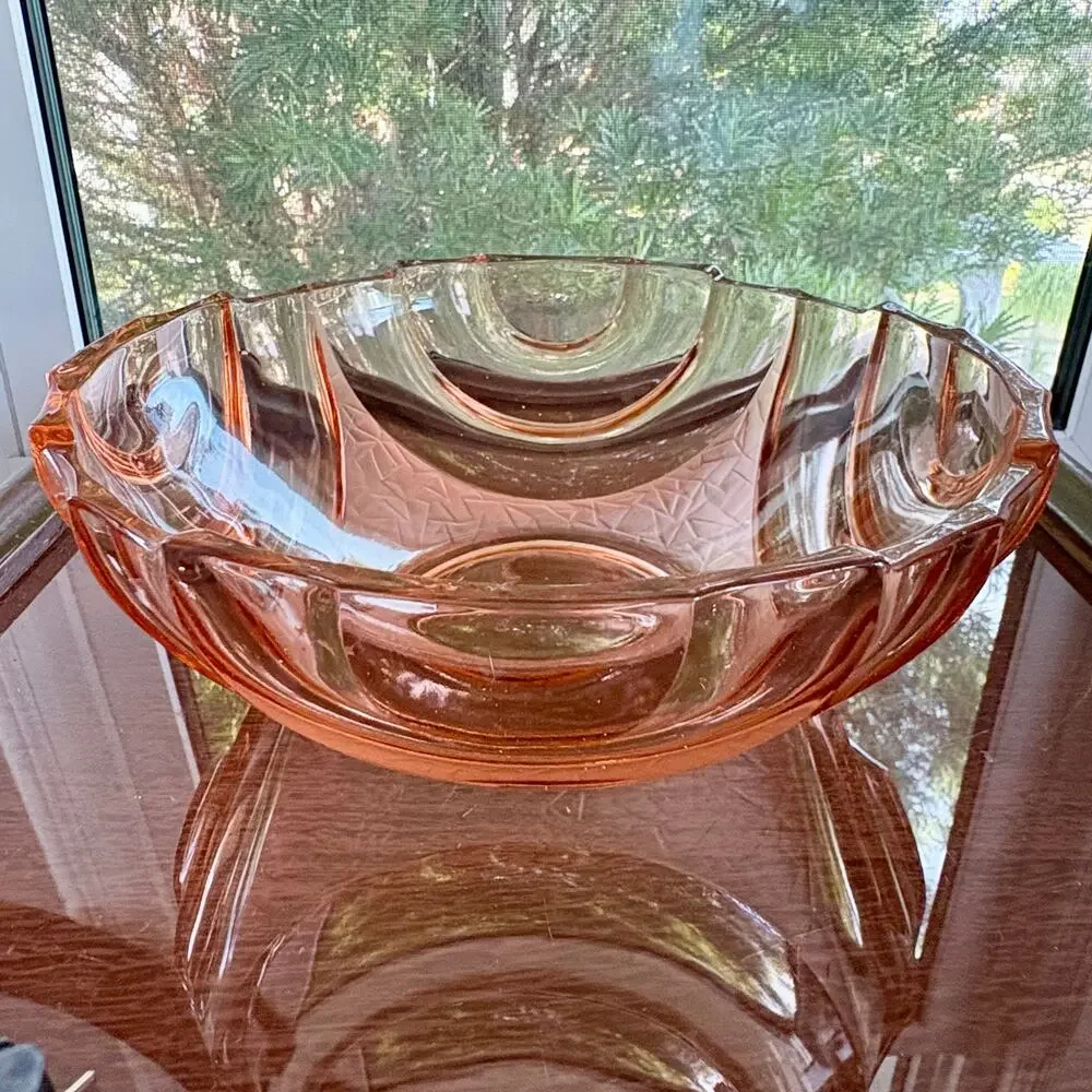 Vintage Pink Pressed Glass Bowl Made in Poland Art Deco Scalloped Edge